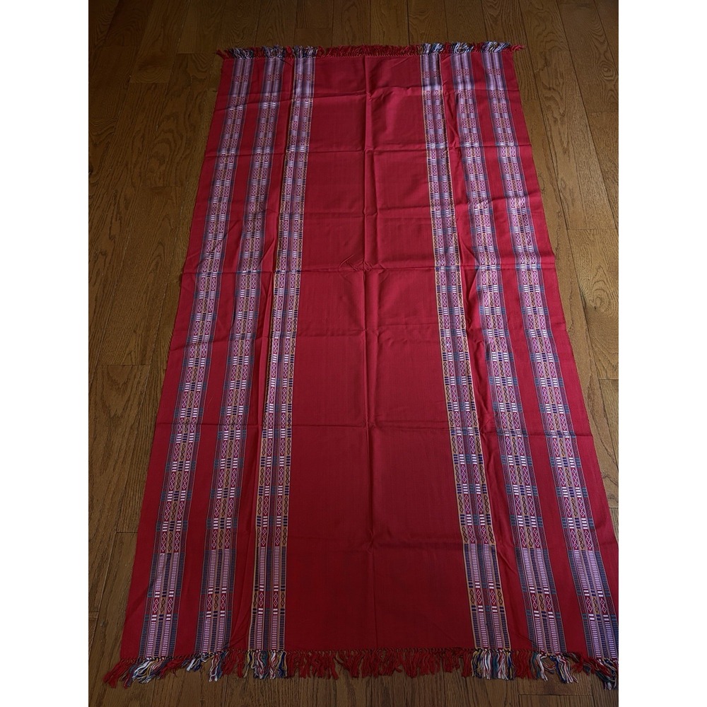 Vintage Manipur Handwoven Cotton Shawl Red Tribal Stripe Fringe India Wrap Throw - Picture 7 of 10